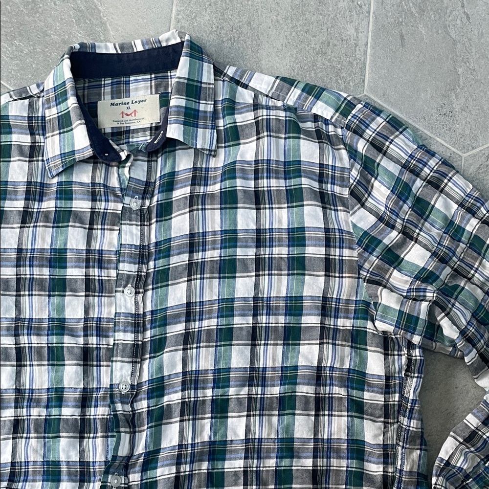 Marine Layer Plaid Button-Down Shirt – Men’s XL – Green/Blue – Super Soft